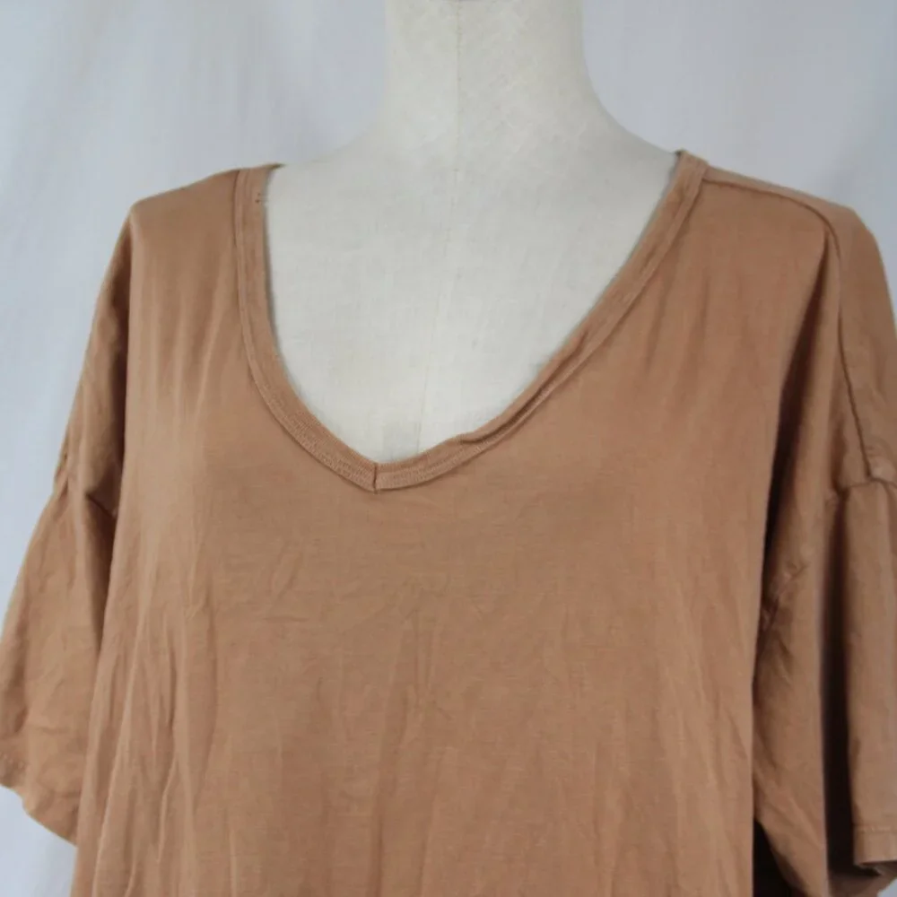 Aerie Women's Distressed Hem Oversized V-neck Shirt, Size XL Tan Cotton Comfort - Picture 2 of 7